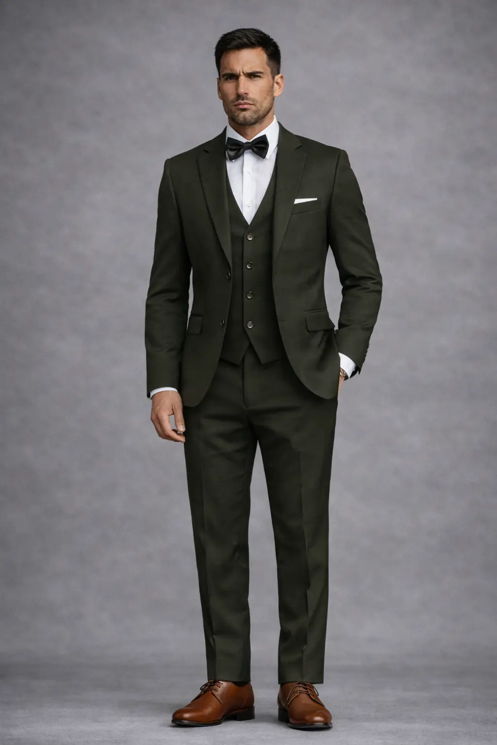Tuxedo verde oliva tres piezas con chaleco tono sobre tono, solapa Peak, corbatín negro y zapatos oxford cognac — look de novio elegante cuerpo completo — Masculino.do