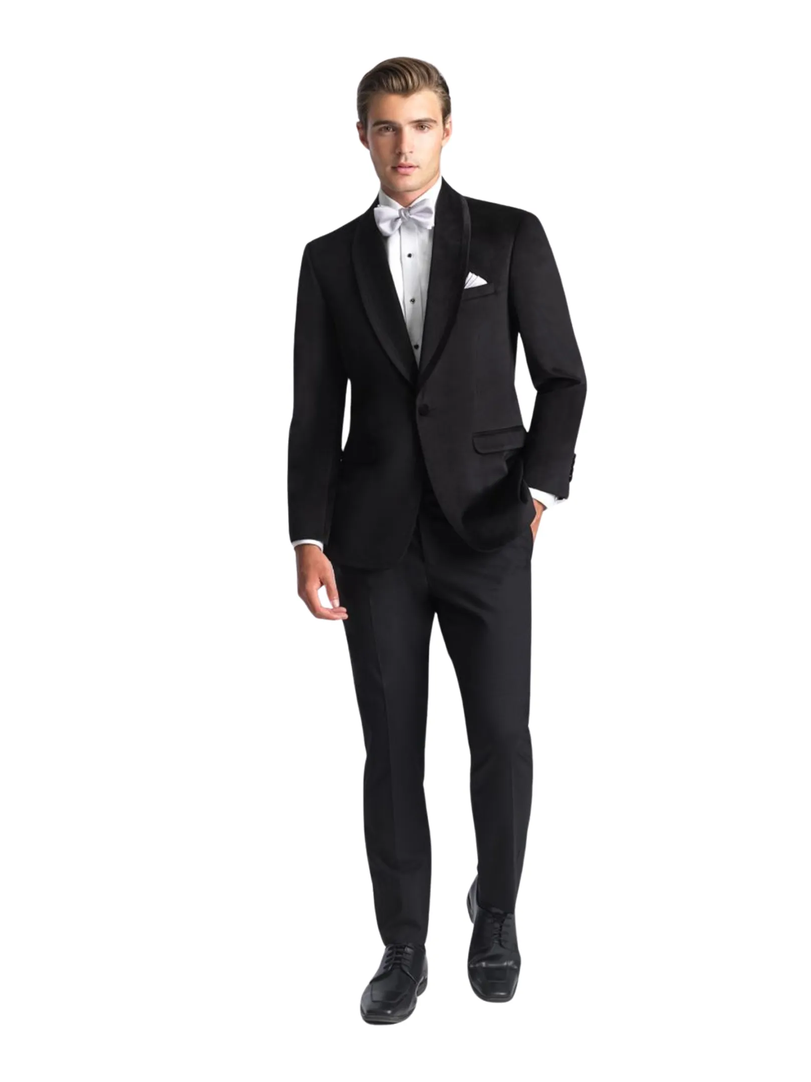 Esmoquin negro velvet de cuerpo completo con solapa shawl, corbatín blanco y pañuelo de bolsillo, corte slim fit — Masculino.do