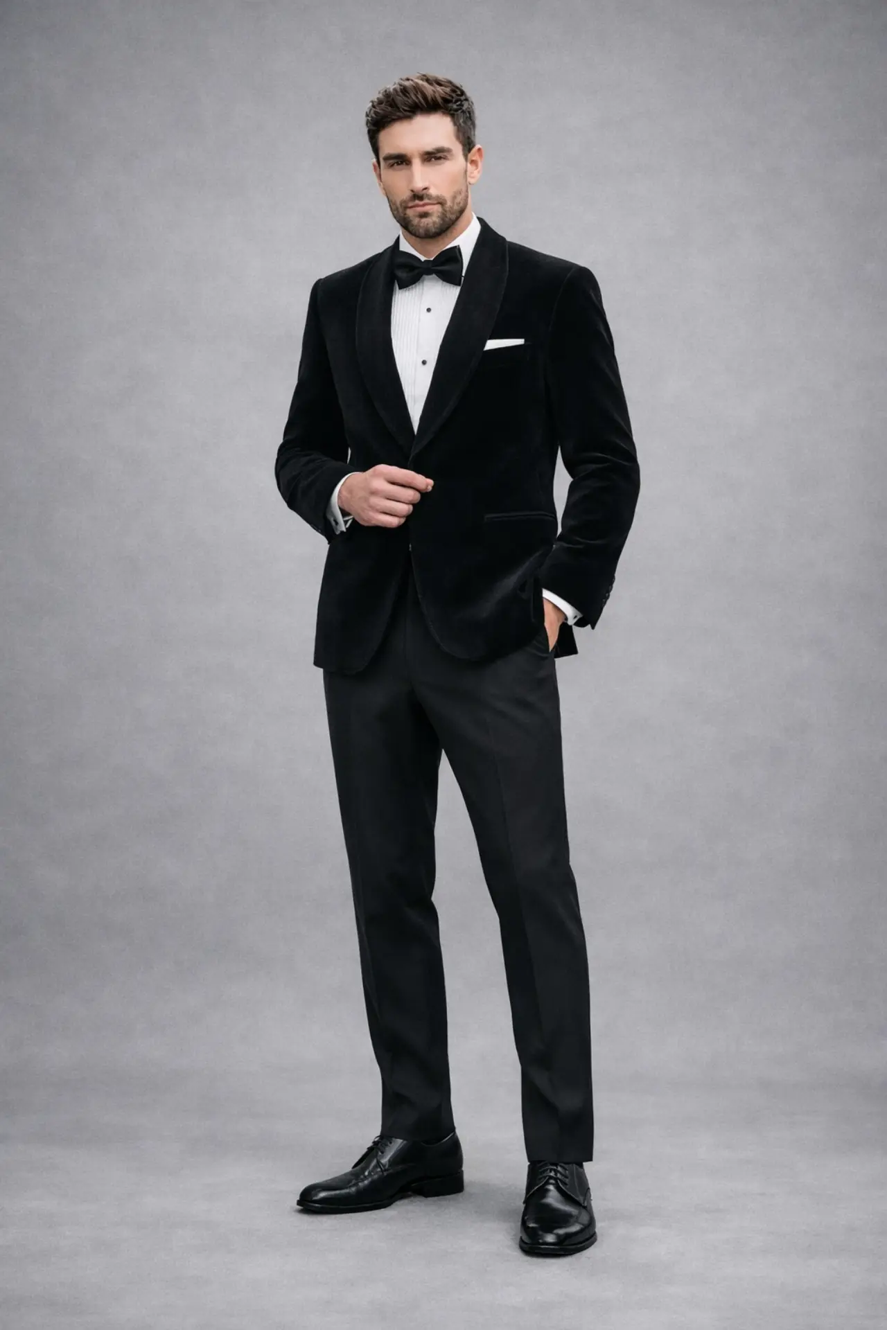 Hombre vestido con esmoquin negro en tejido velvet, solapa shawl en satín, pajarita negra y zapatos oxford, look completo de etiqueta para boda o gala