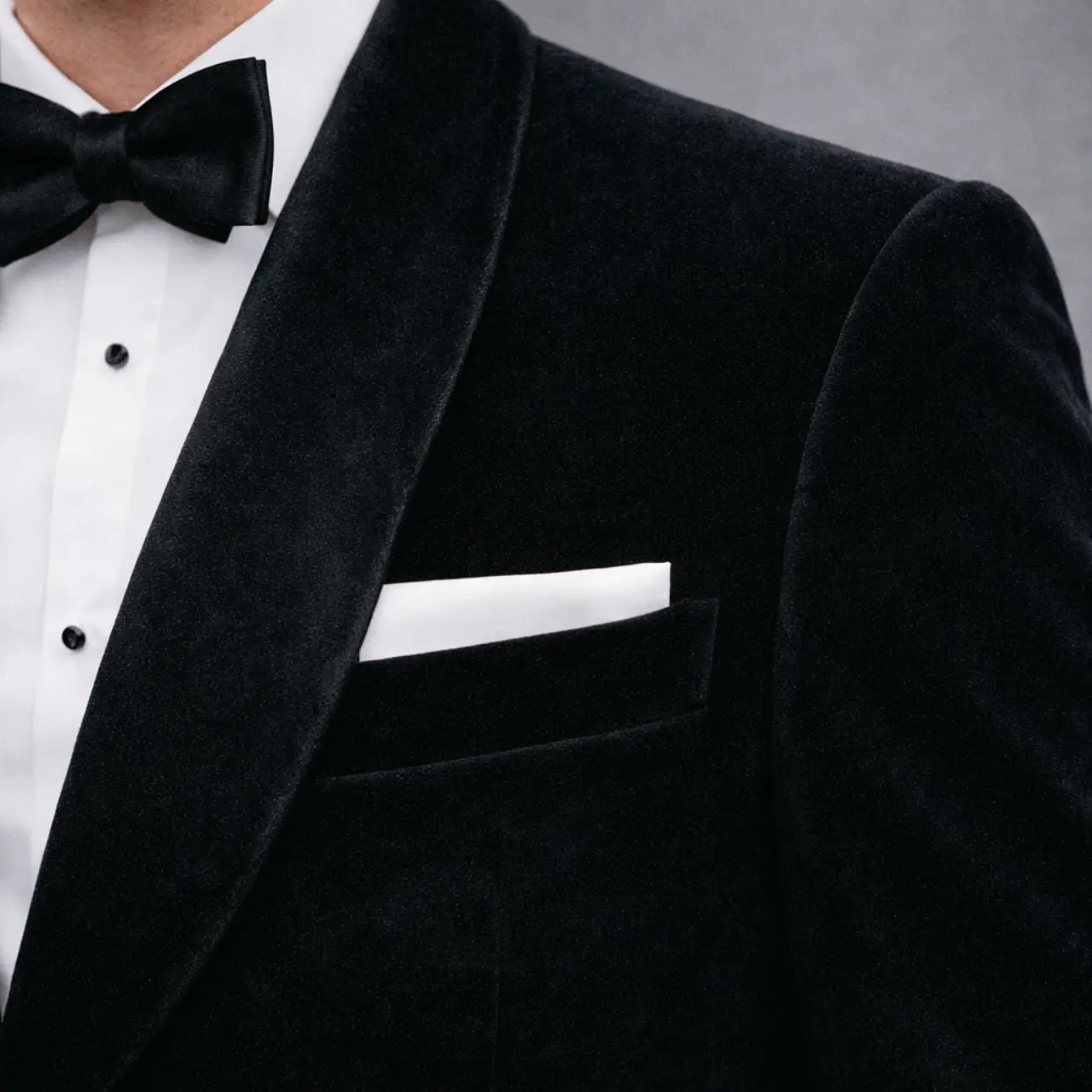 Detalle de chaqueta de esmoquin negro en velvet con solapa shawl, pañuelo blanco en bolsillo superior y pajarita negra en satín