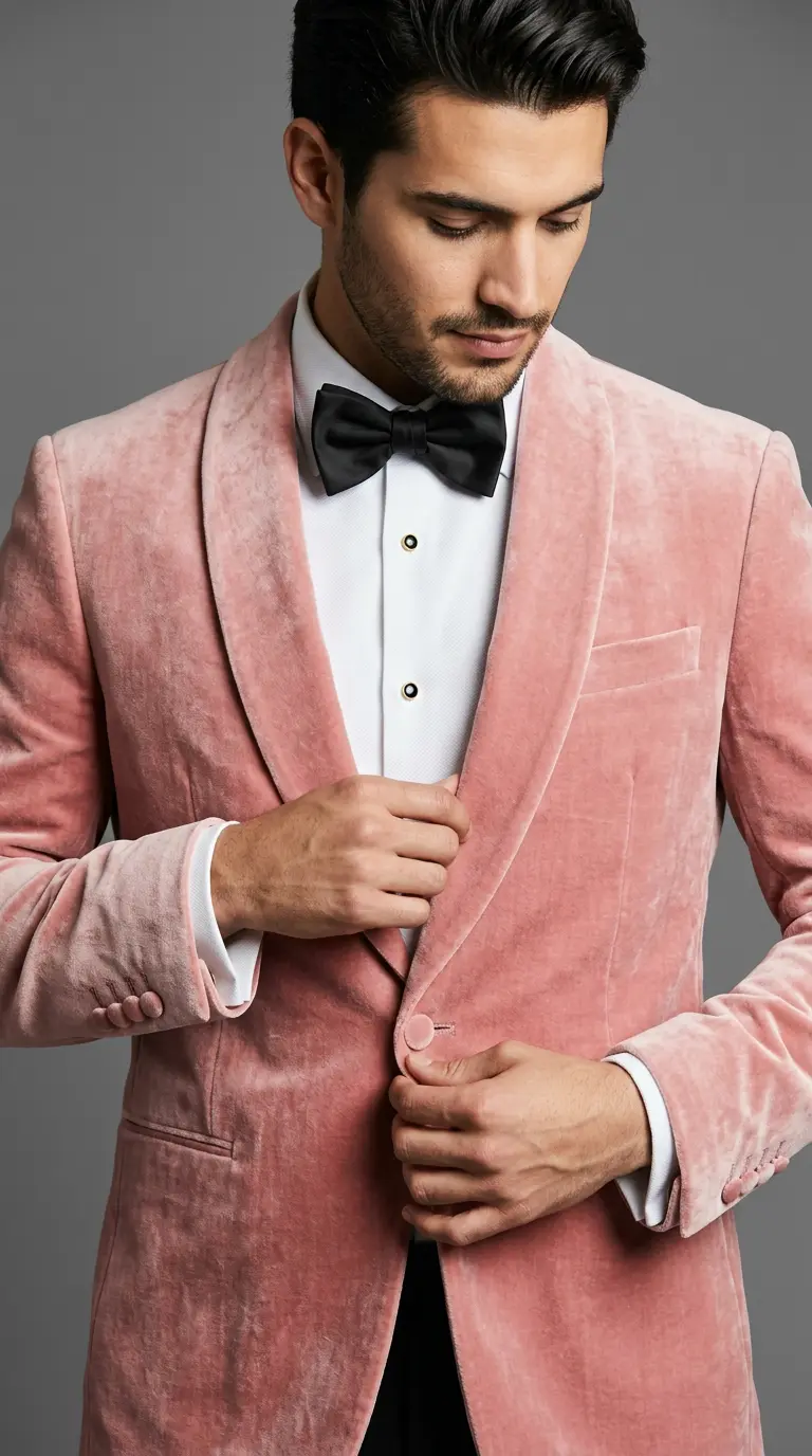 Detalle de esmoquin rosa terciopelo con solapa chal, camisa blanca y corbatín negro, abotonando el saco — Masculino.do