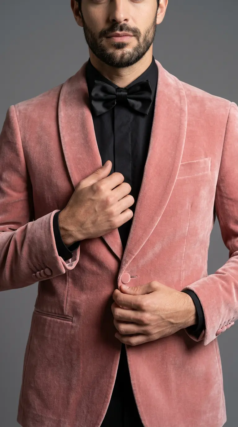 Esmoquin rosa terciopelo con solapa chal, camisa negra y corbatín negro, versión nocturna de contraste — Masculino.do