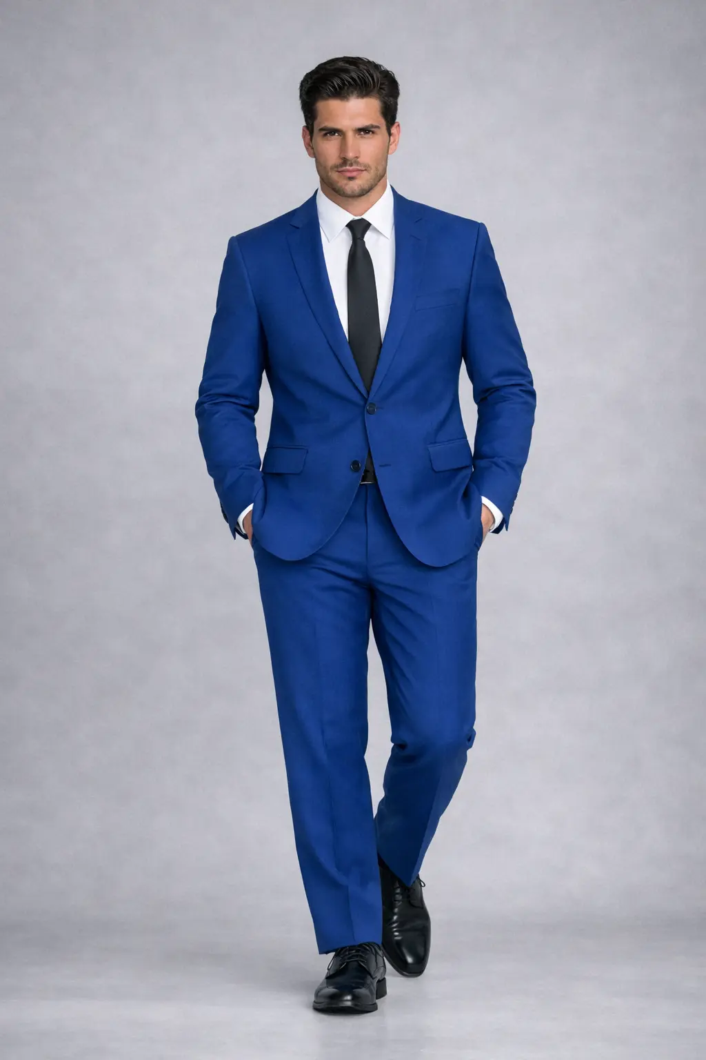 Traje azul rey slim fit con camisa blanca y corbata negra clásica, caminando, cuerpo completo — Masculino.do