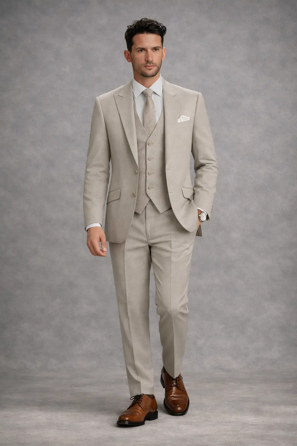 Traje color arena tres piezas con solapa Peak, chaleco texturizado tono sobre tono, corbata arena y zapatos oxford cognac — novio elegante cuerpo completo fondo gris — Masculino.do