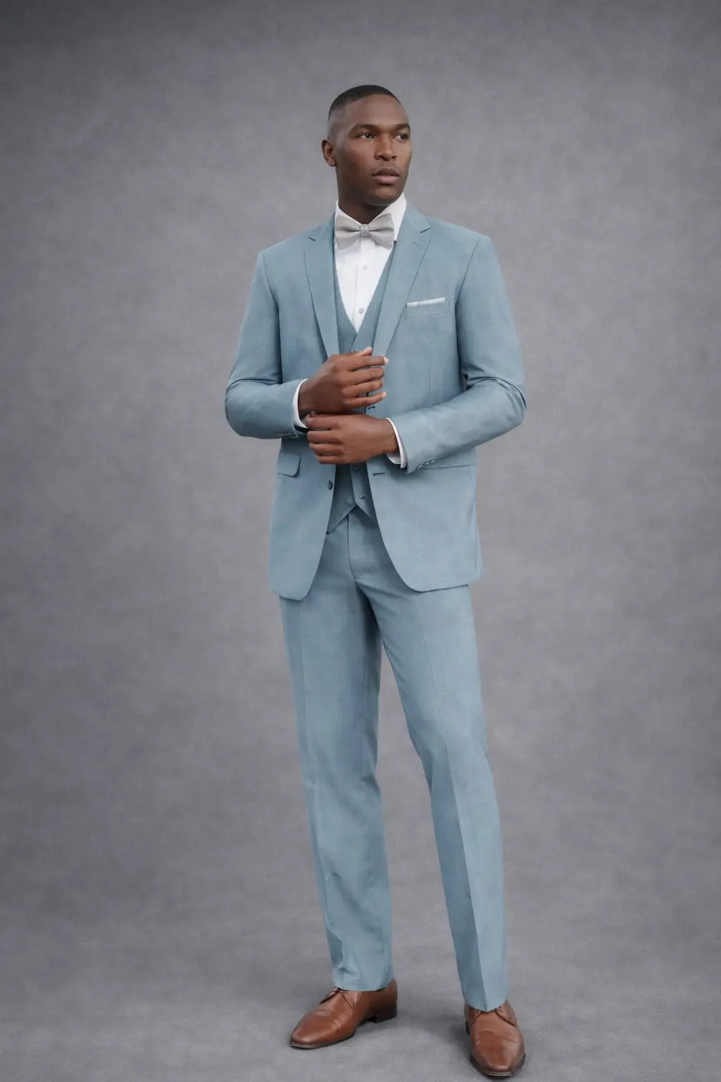 Suit Sea Glass Green tres piezas con chaleco tono sobre tono, corbatín crema, camisa blanca y zapatos oxford cognac — novio elegante cuerpo completo fondo gris — Masculino.do
