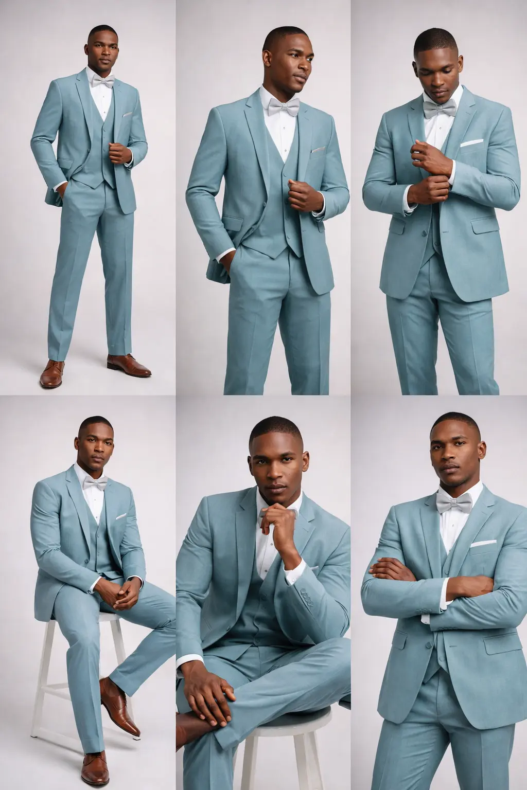 Seis poses del Suit Sea Glass Green tres piezas con chaleco, corbatín crema y camisa blanca — colección de looks de novio para boda al aire libre — Masculino.do