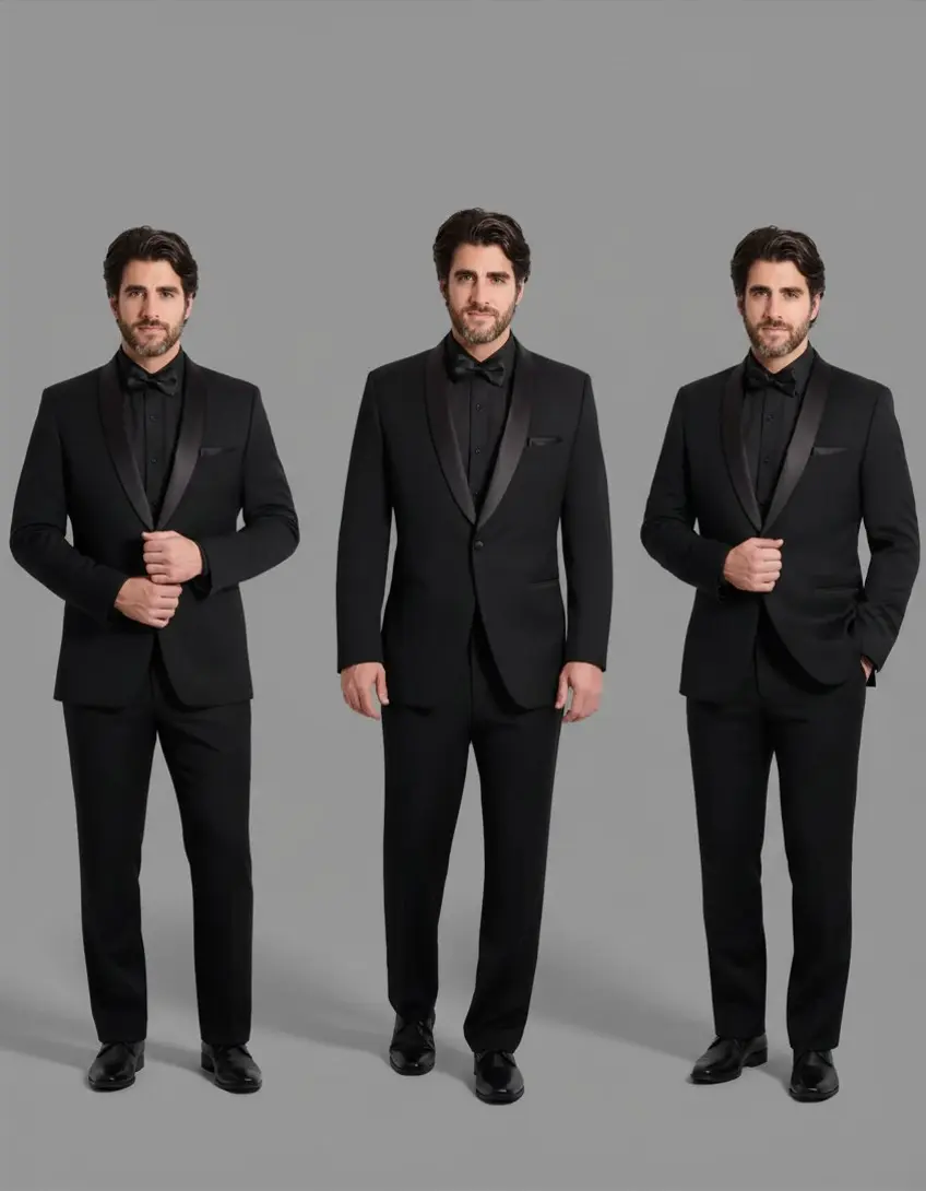 Tres poses del Tuxedo Seville negro con solapa shawl en satín, camisa negra y corbatín negro satinado — look total black de novio cuerpo completo fondo gris — Masculino.do