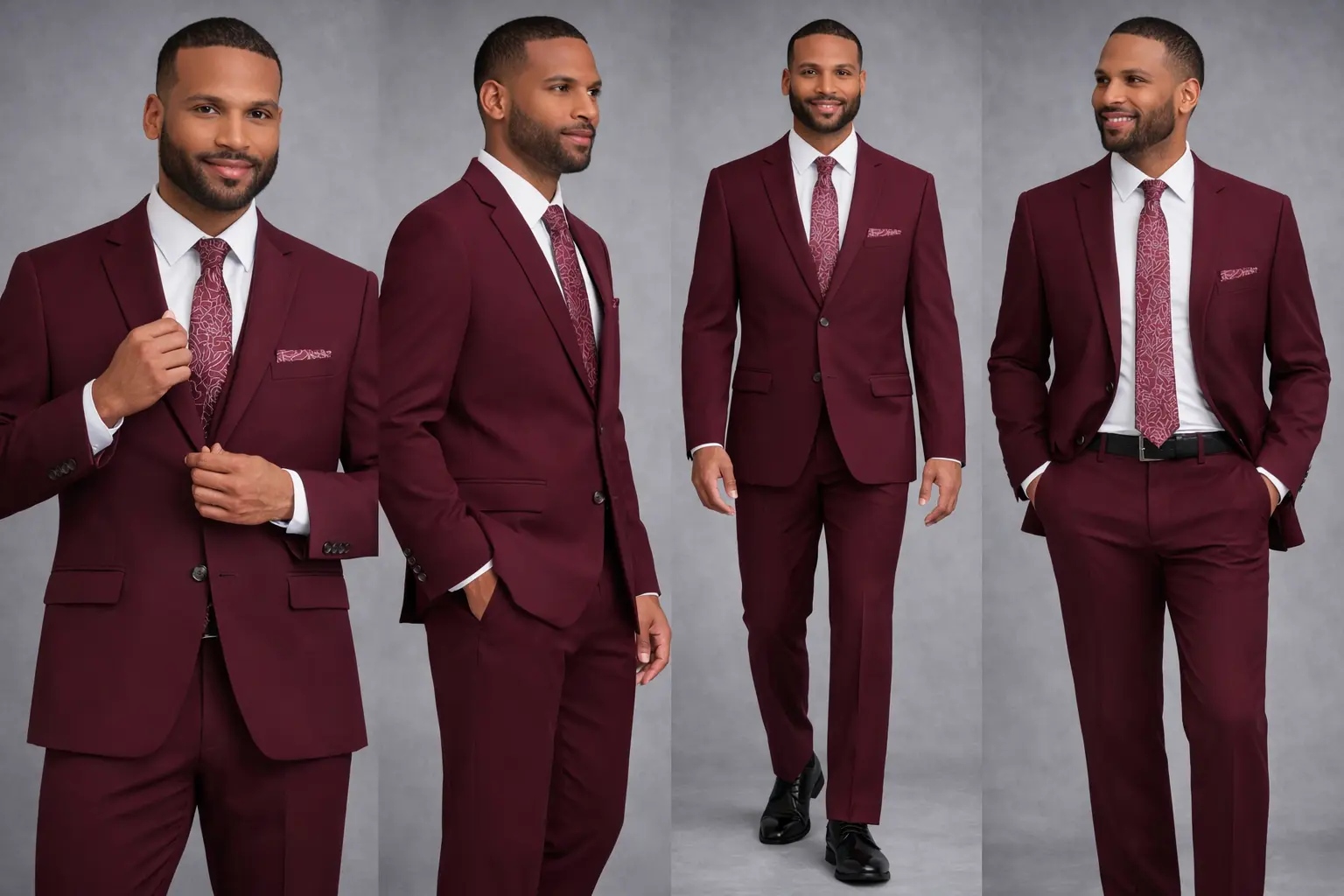 Cuatro poses de suit burgundy slim fit con solapa notch, camisa blanca, corbata estampada borgoña y pañuelo a juego — look masculino formal fondo gris — Masculino.do