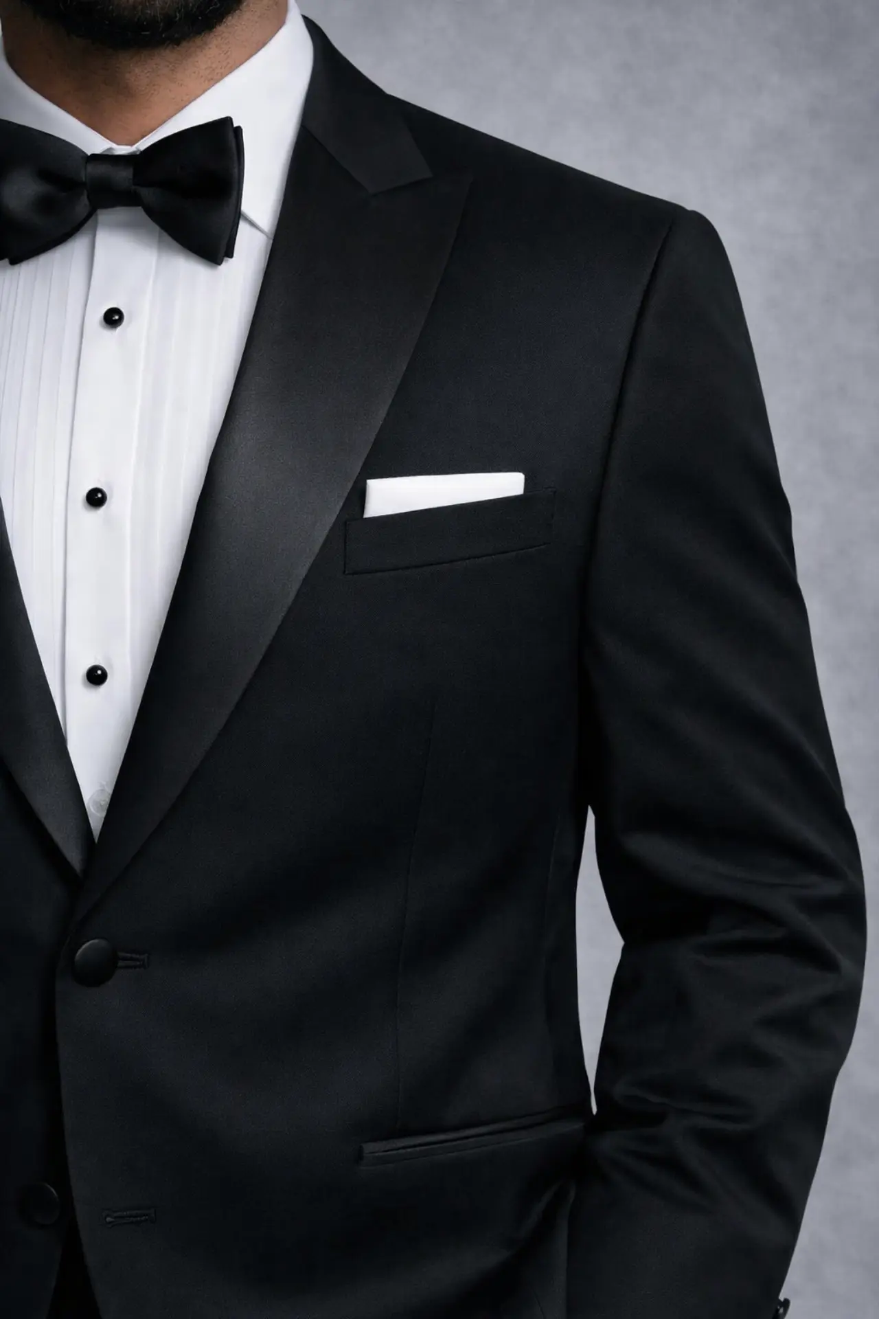 Primer plano de Tuxedo Milan Peak negro en lana fina con solapa Peak en satín negro, corbatín negro satinado, camisa plisada con botonadura negra y pañuelo blanco — Masculino.do
