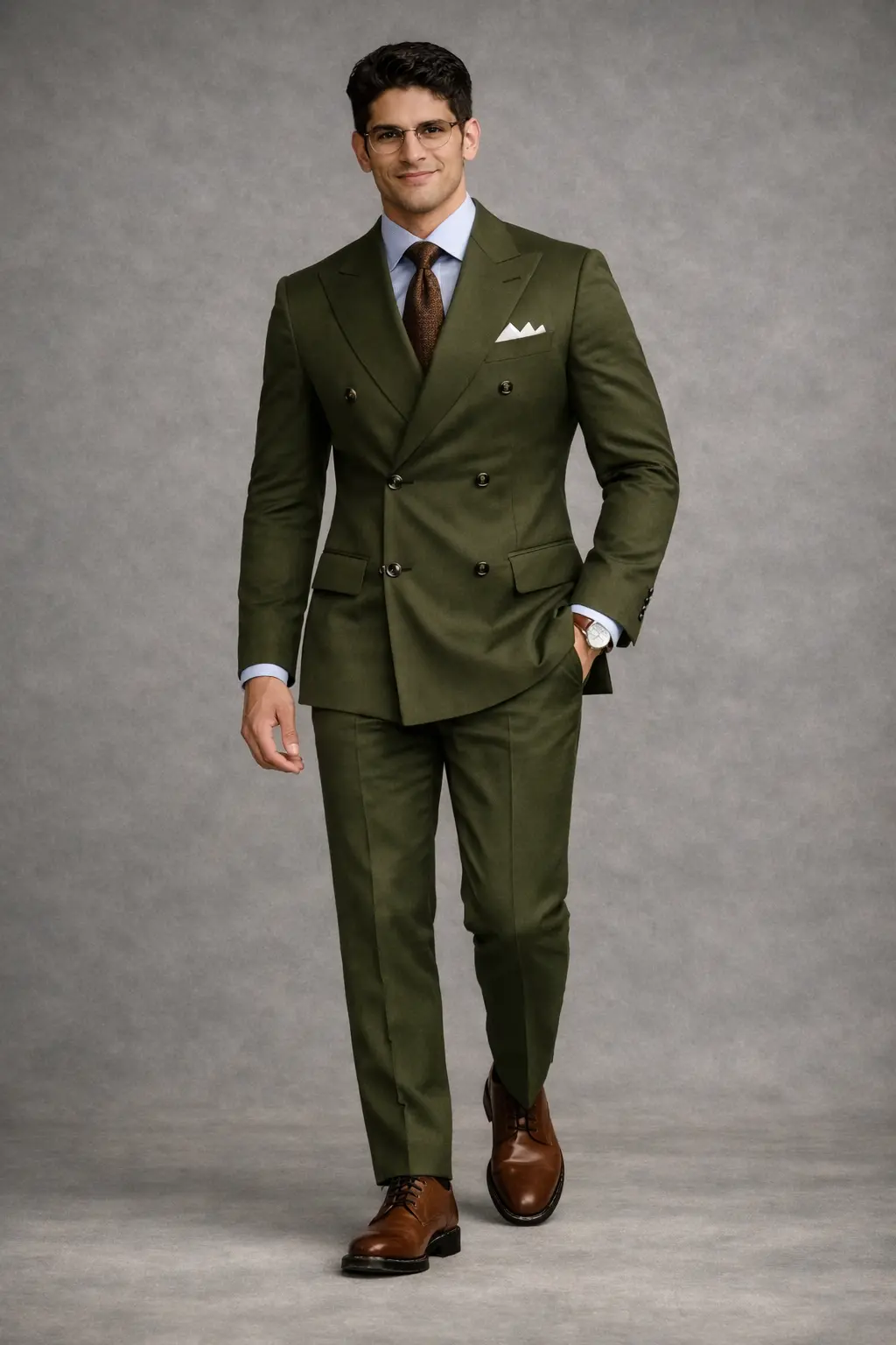 Traje verde oliva cruzado con solapas de pico, camisa azul claro, corbata marrón texturizada y zapatos oxford cognac — cuerpo completo fondo gris — Masculino.do