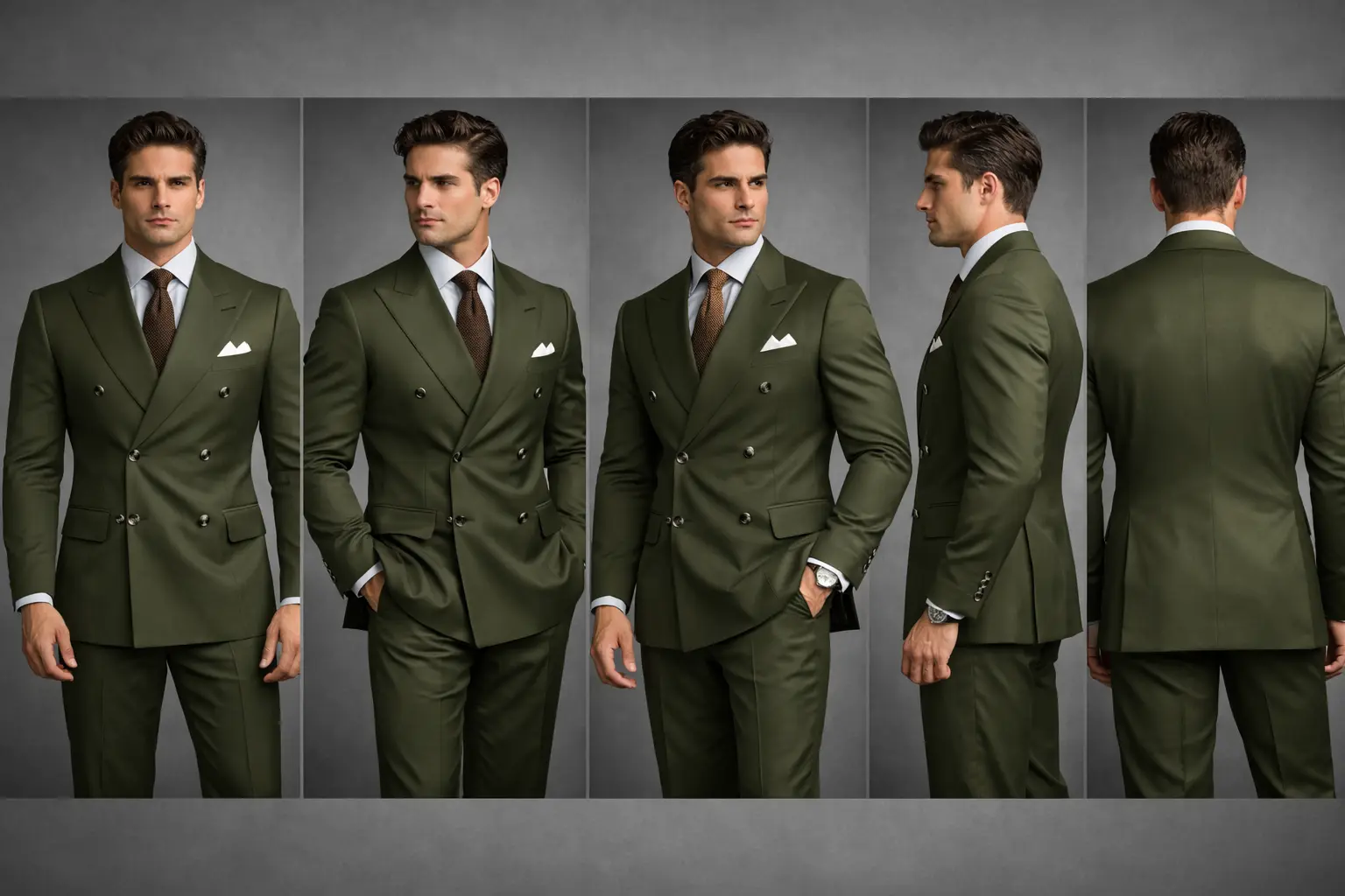 Traje verde oliva cruzado con solapas de pico, camisa azul claro, corbata marrón texturizada y zapatos oxford cognac — Cuatro poses fondo gris — Masculino.do