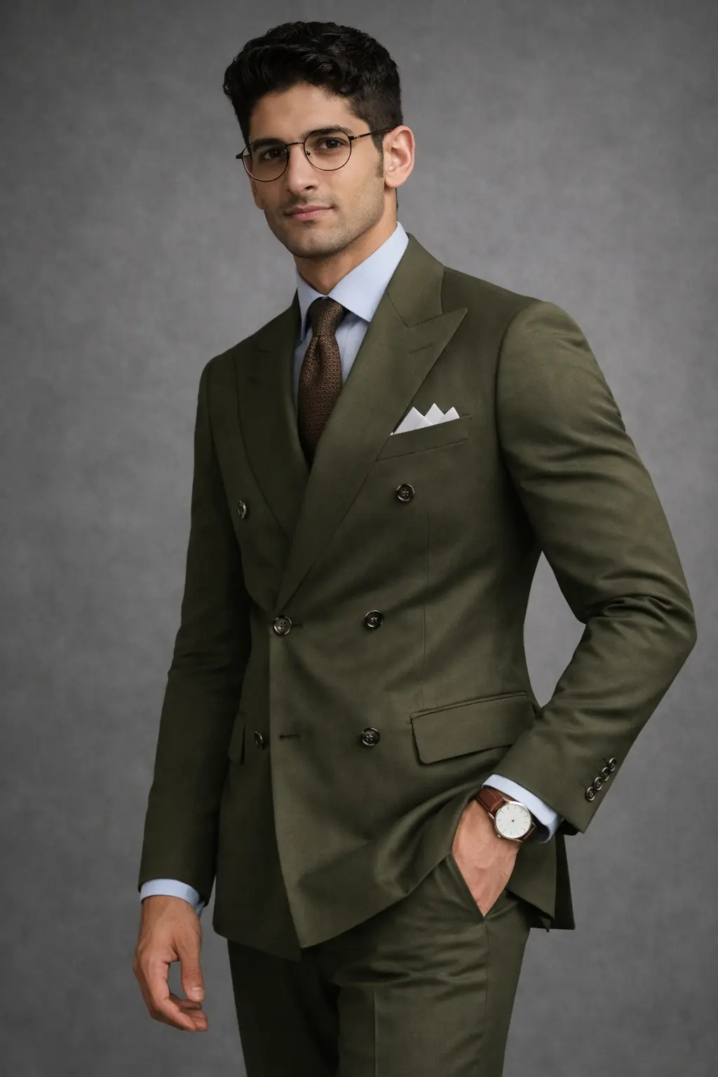 Primer plano de traje verde oliva cruzado con solapas de pico y botones oscuros, camisa azul claro y corbata marrón — look masculino formal — Masculino.do
