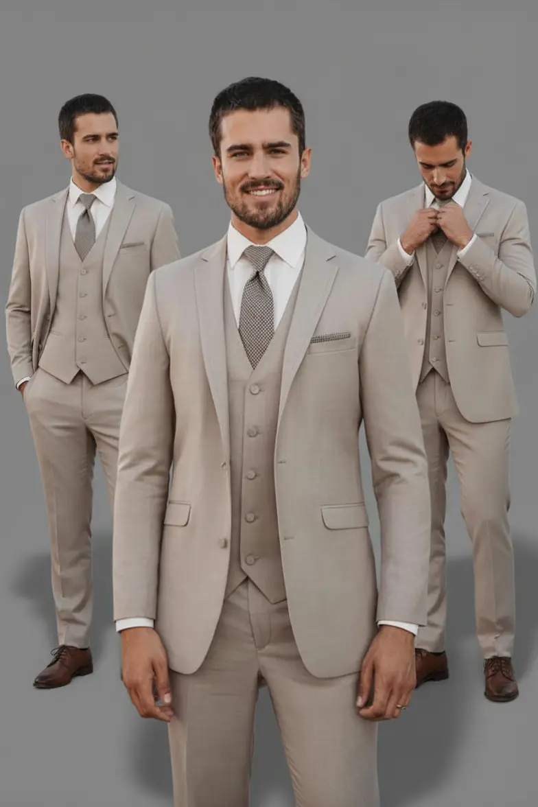 Tres hombres vestidos con traje beige de tres piezas Allure Sand, con chaleco, corbata tejida y zapatos oxford café, look de boda o evento formal