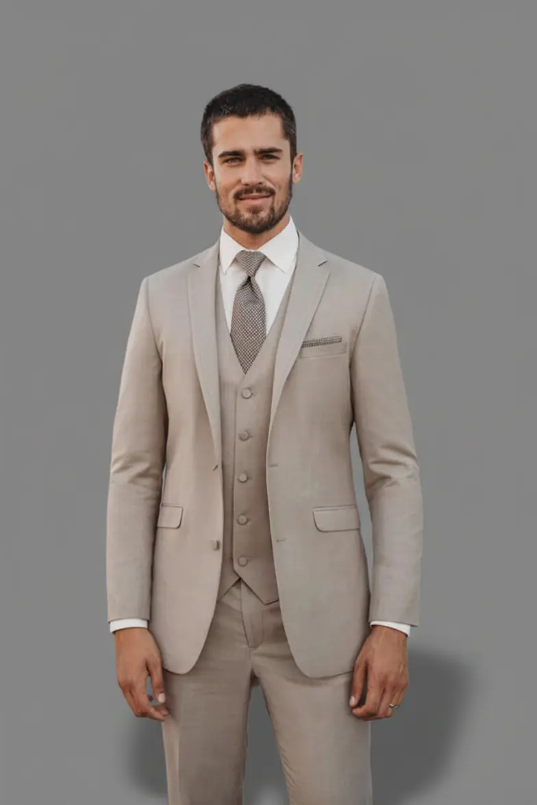 Hombre con traje beige arena de tres piezas, chaqueta slim con solapa notch, chaleco de cinco botones, corbata tejida y pañuelo a juego, vista frontal