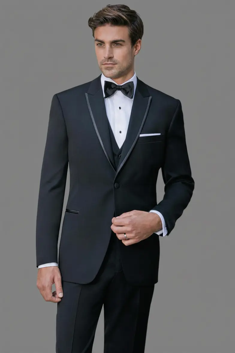 Primer plano del Tuxedo Ashton negro con solapa Peak ribeteada en satín, chaleco tono sobre tono, corbatín negro satinado y pañuelo blanco — Masculino.do