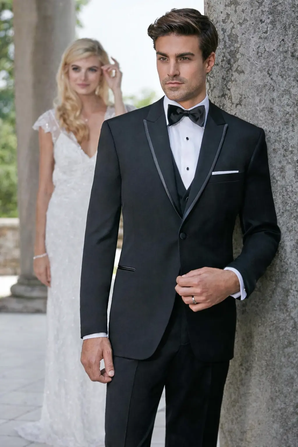 Primer plano del Tuxedo Ashton negro con solapa Peak ribeteada en satín, chaleco tono sobre tono, corbatín negro satinado y pañuelo blanco — Novia detrás - Masculino.do