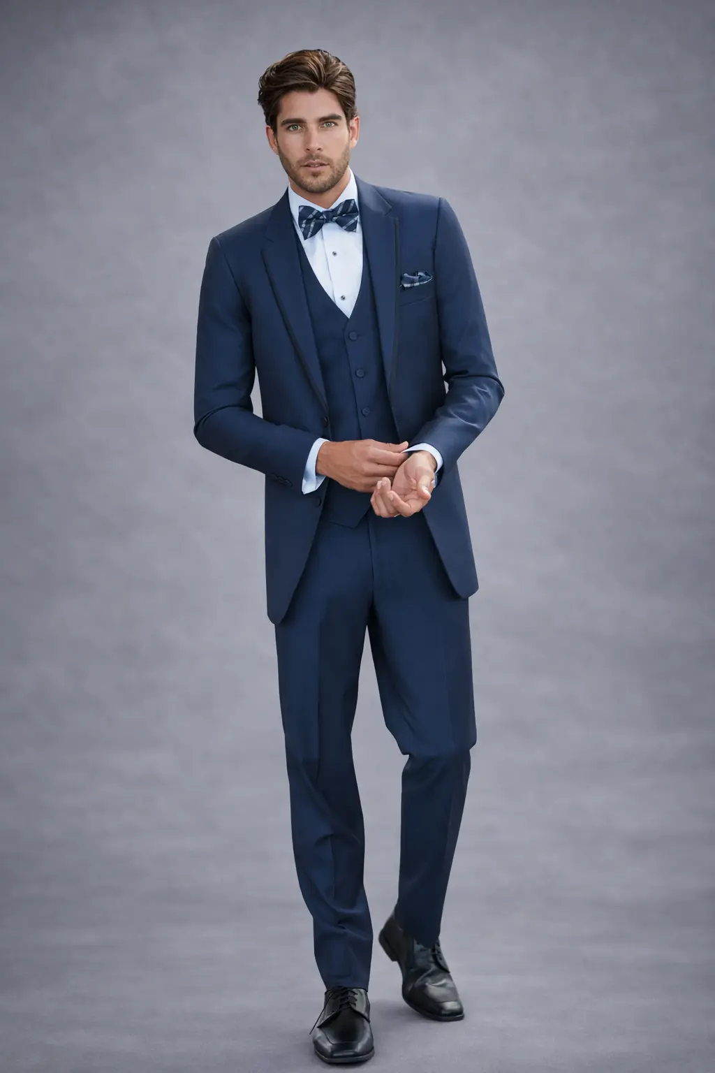 Tuxedo azul índigo de tres piezas con solapa en satín negro, corbatín azul, camisa blanca y zapatos negros — cuerpo completo fondo gris — Masculino.do