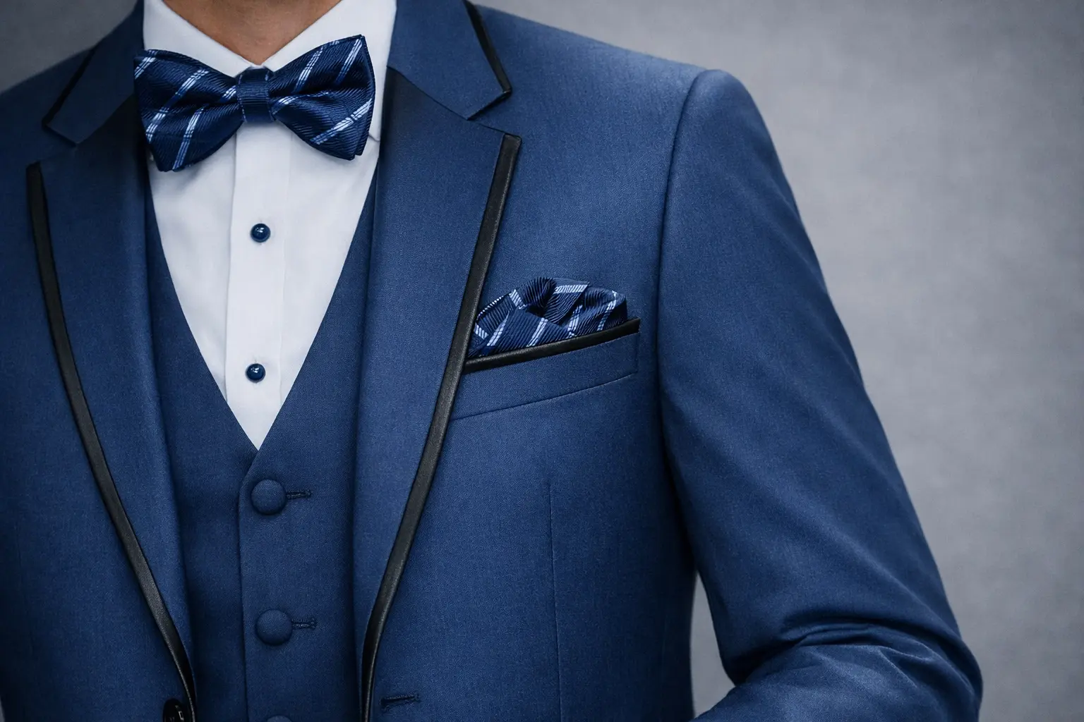 Primer plano de tuxedo azul índigo tres piezas con solapa en satín negro, corbatín azul estampado, camisa blanca con botones azules y pañuelo azul — Masculino.do