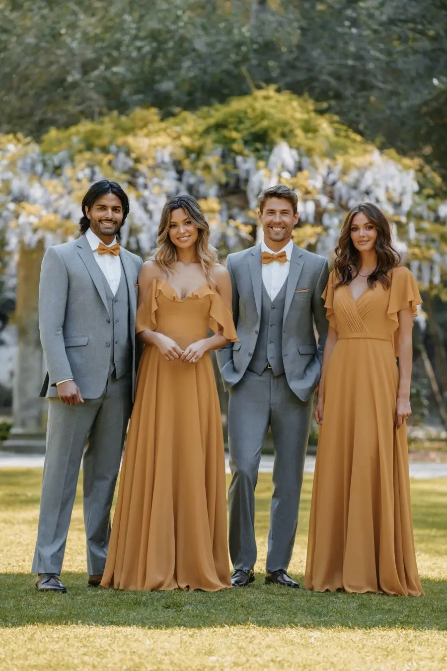 Cortejo de boda con trajes grises de tres piezas y corbatines dorados junto a damas con vestidos color terracota, en jardín al aire libre — renta en Masculino.do
