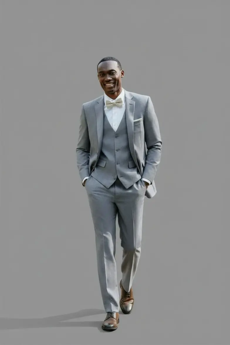 Novio sonriente con suit gris claro de tres piezas, chaleco tono sobre tono, corbatín crema y zapatos oxford cognac — cuerpo completo fondo gris — Masculino.do