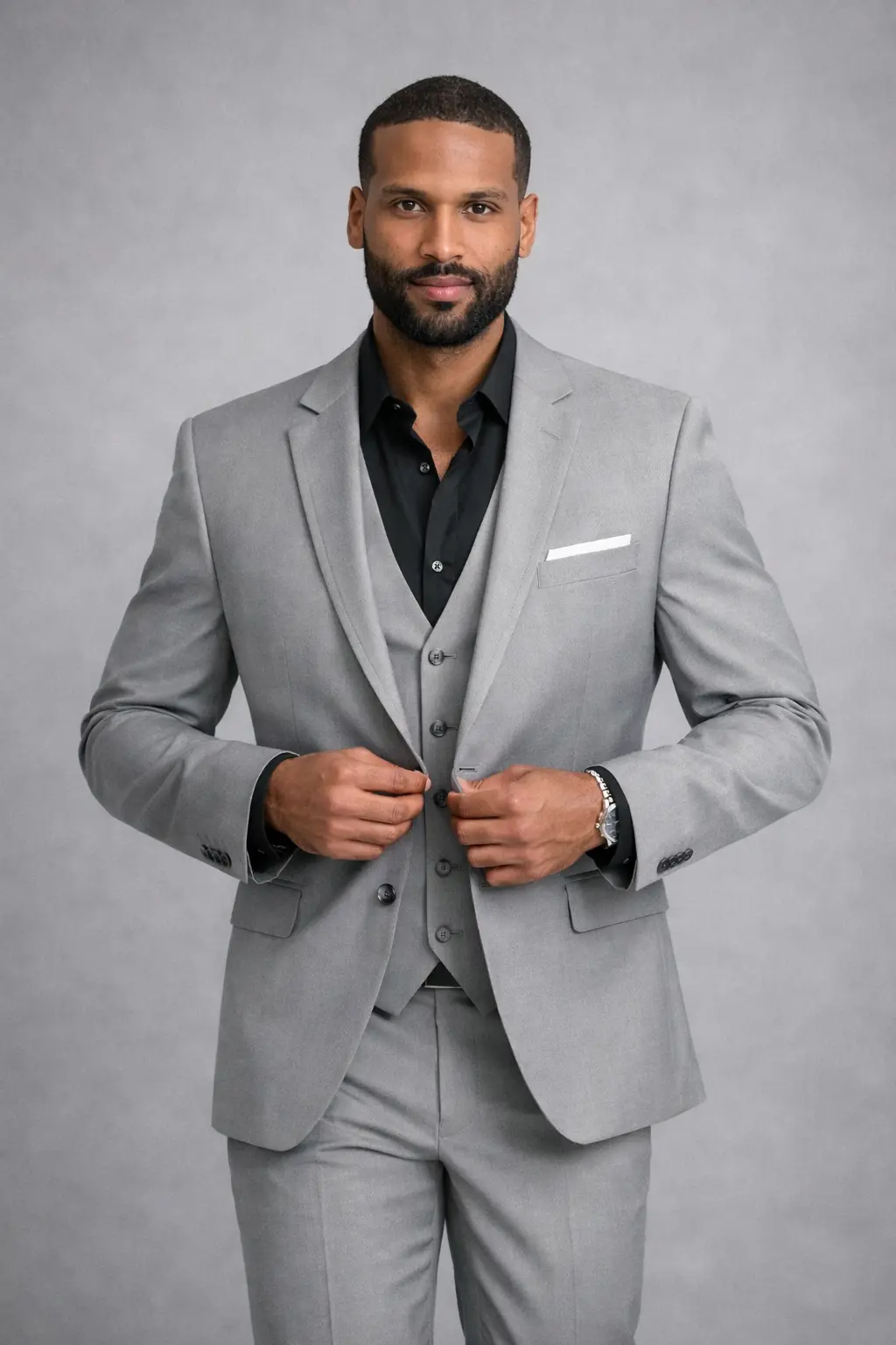 Suit Twilight Steel Grey tres piezas con chaleco tono sobre tono, camisa negra abierta y pañuelo blanco — look contemporáneo masculino primer plano fondo gris — Masculino.do