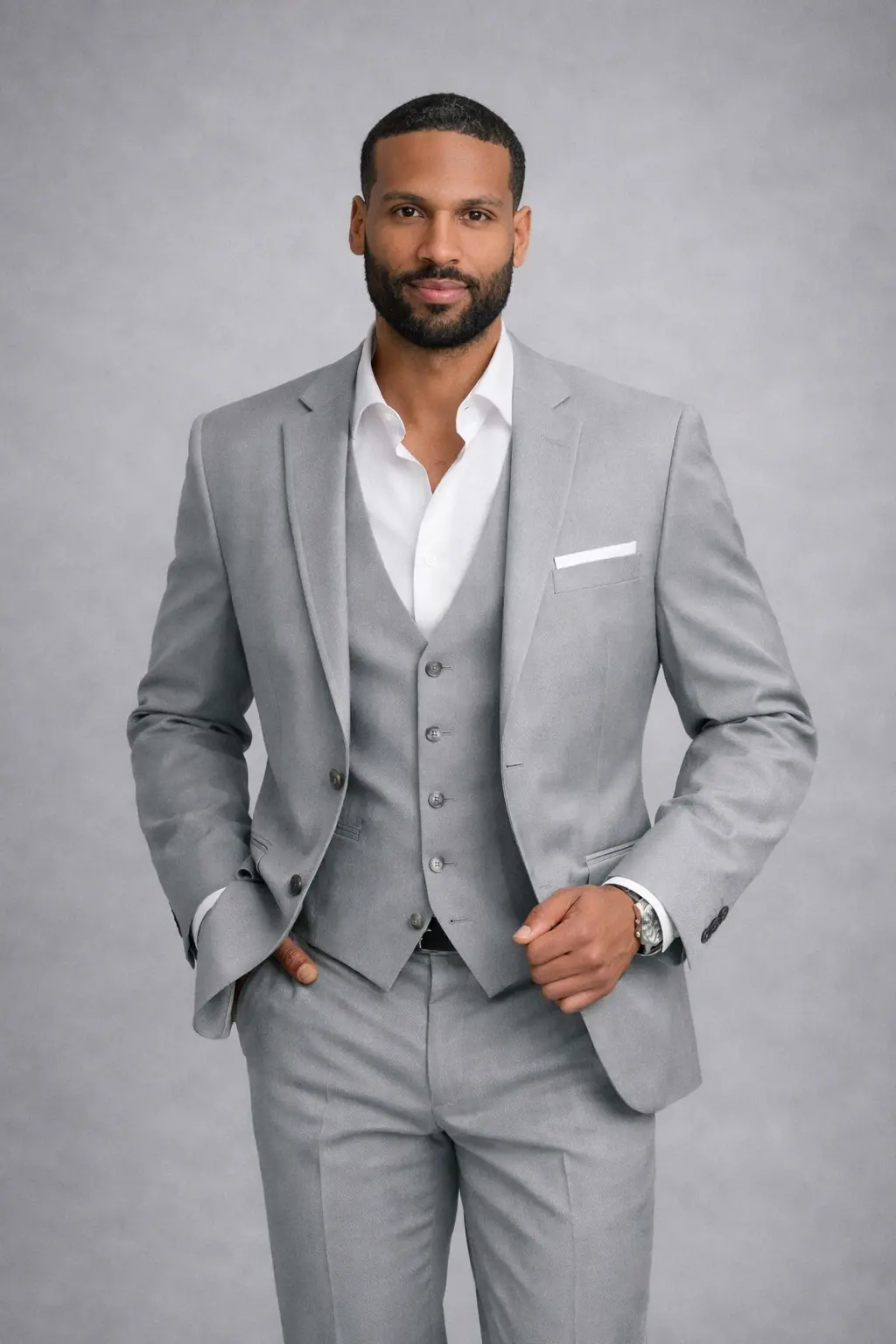 Suit gris acero tres piezas con chaleco tono sobre tono, camisa blanca abierta y pañuelo blanco — look casual elegante primer plano fondo gris — Masculino.do