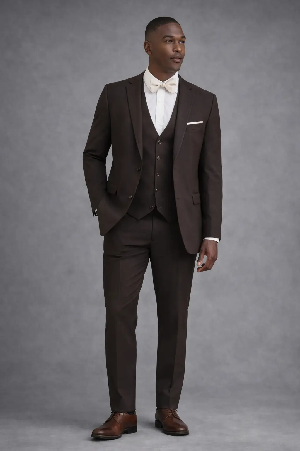Traje marrón umber tres piezas con chaleco a juego, corbatín marfil y pañuelo a tono, cuerpo completo — Masculino.do