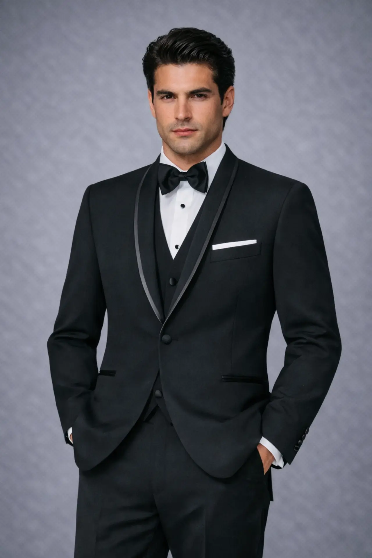Esmoquin negro de medio cuerpo con solapa shawl, corte slim fit, corbatín negro y pañuelo blanco — renta en Masculino.do