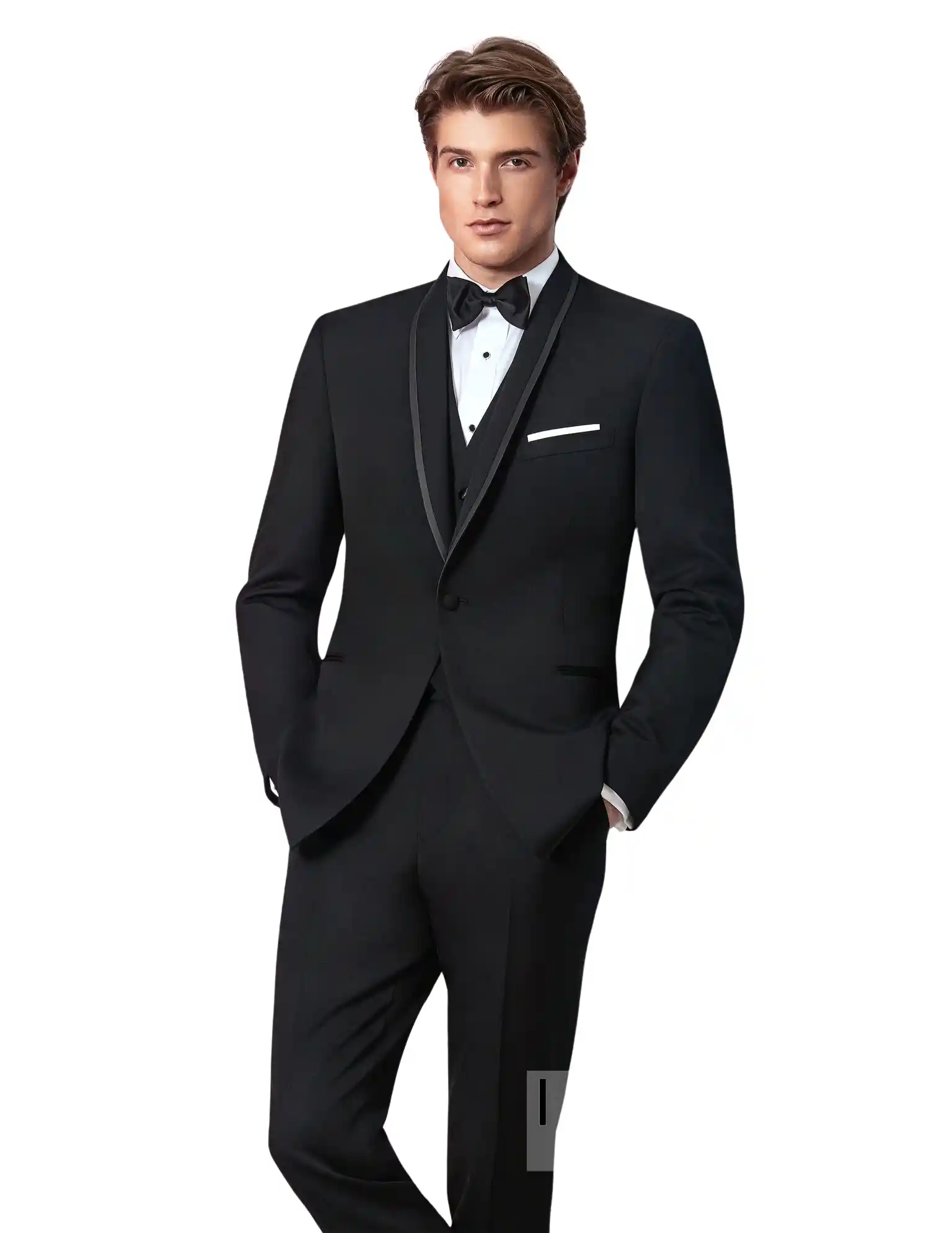 Esmoquin negro de cuerpo completo con solapa shawl, corte slim fit, corbatín negro y pañuelo blanco, fondo blanco — renta en Masculino.do