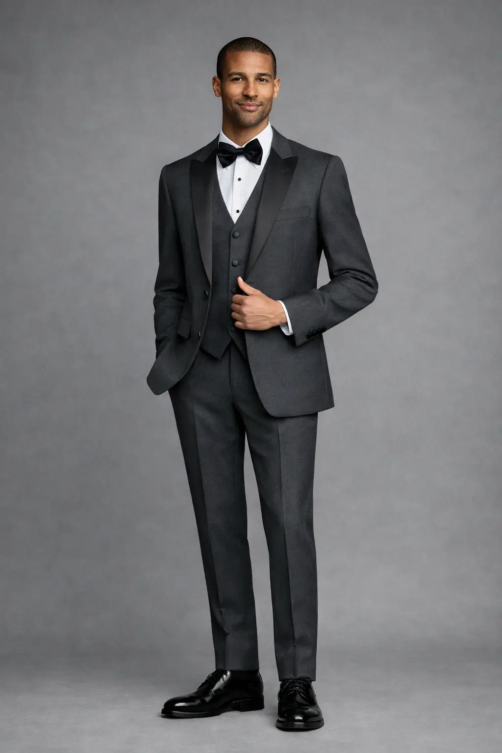 Tuxedo gris tres piezas con solapa Peak en satín negro, chaleco tono sobre tono, corbatín negro y zapatos negros de charol — cuerpo completo fondo gris — Masculino.do
