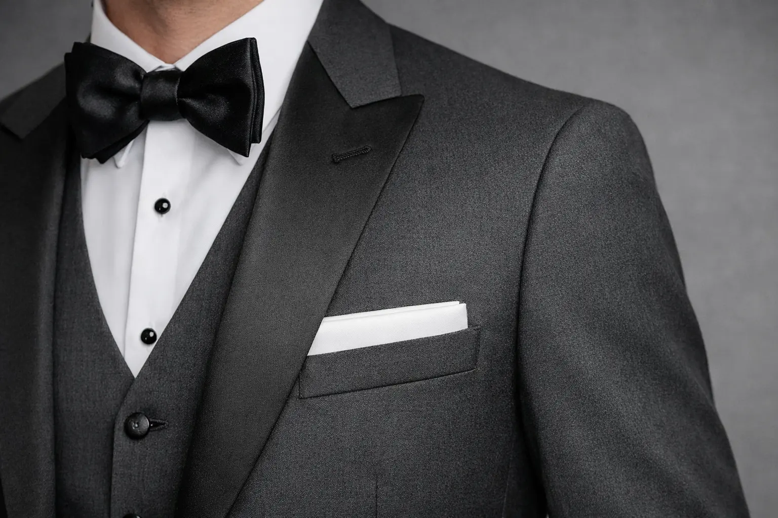 Primer plano de tuxedo gris con solapa Peak en satín negro, corbatín negro satinado, camisa blanca con botones negros y pañuelo blanco — Masculino.do