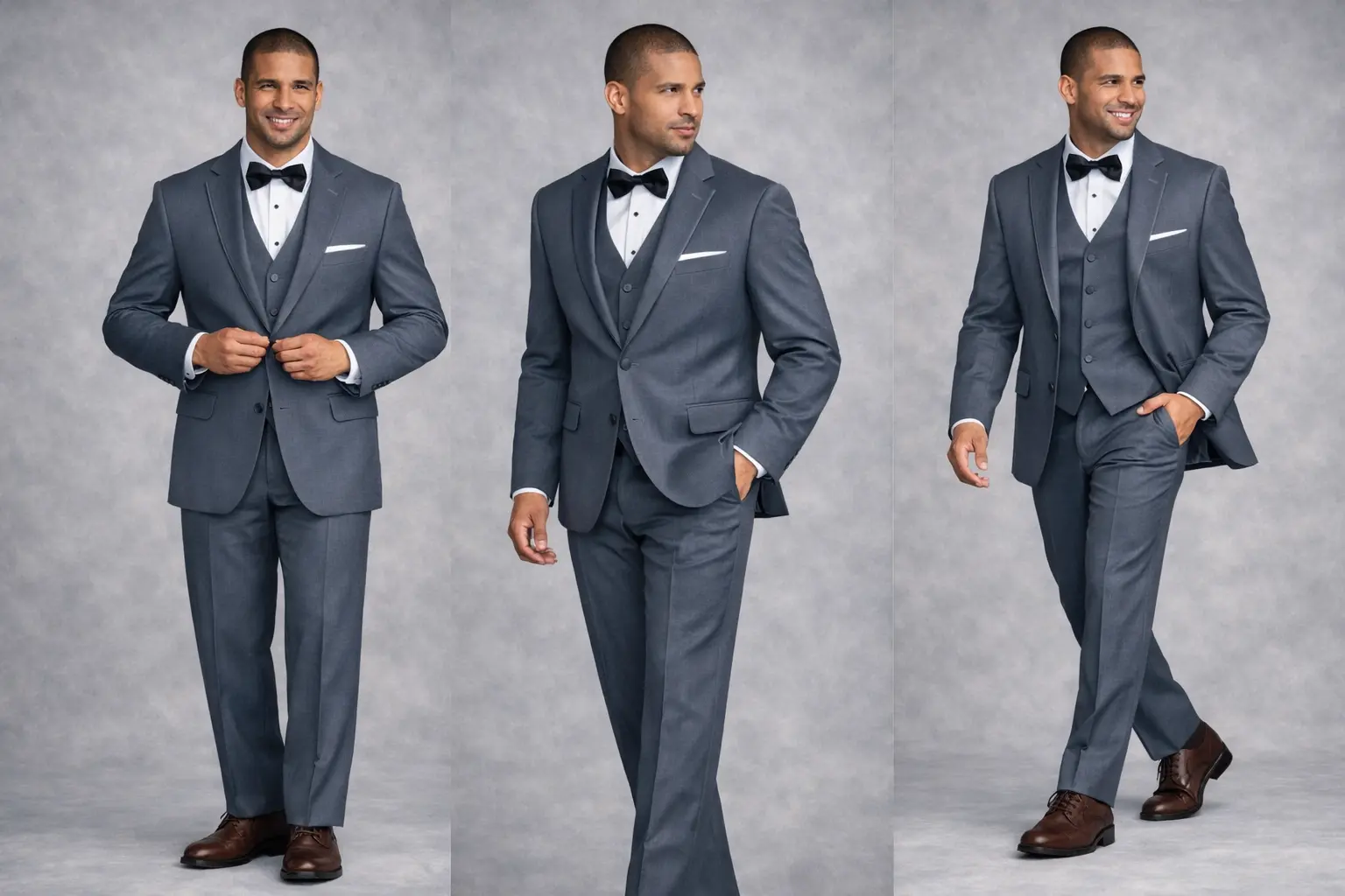 Tres poses de traje gris plomo tres piezas con solapa notch, chaleco, corbatín negro y pañuelo blanco — Masculino.do